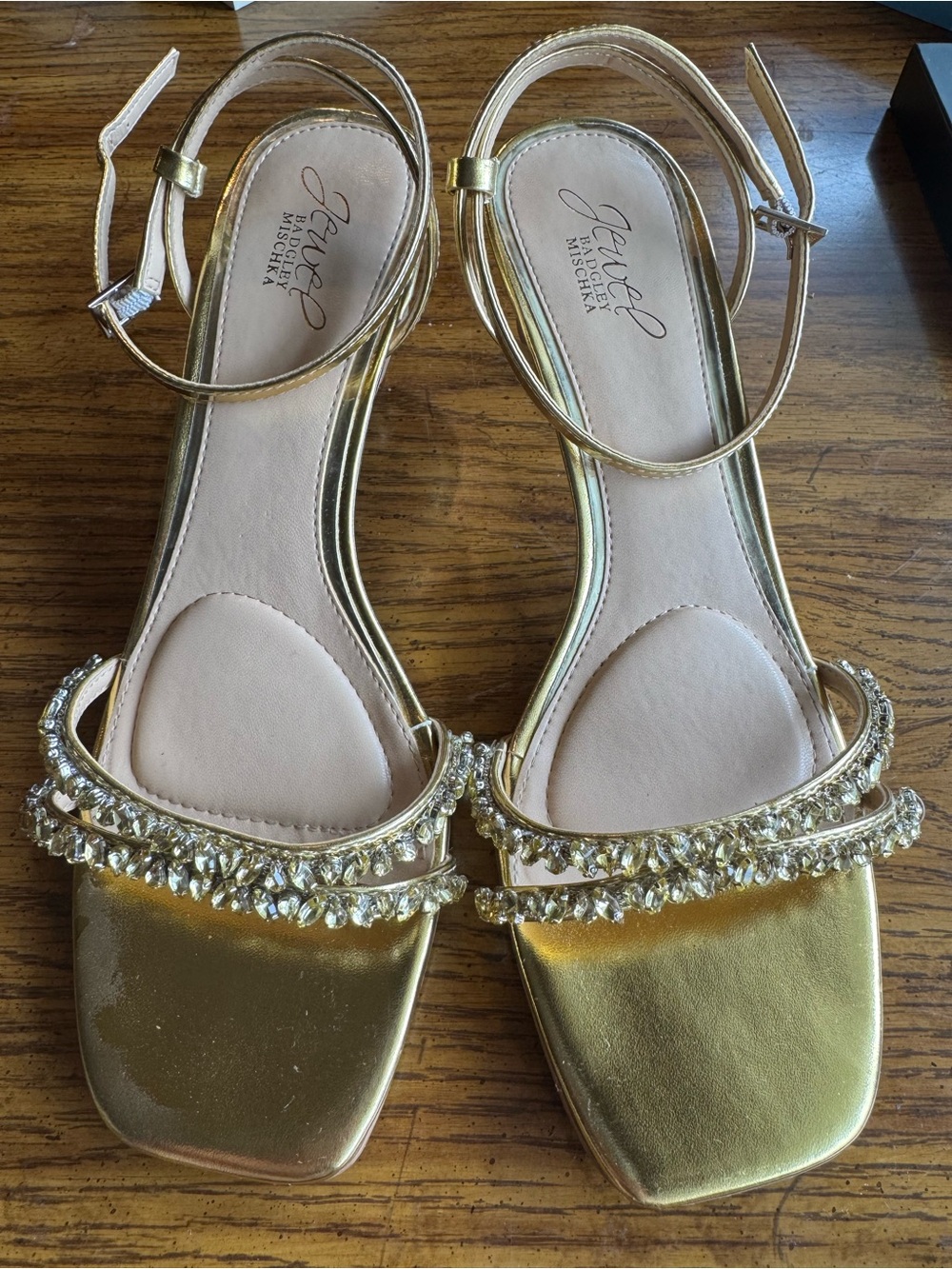 Jewel Badgley Mischka Gold Embellished Ankle-Strap Sandals